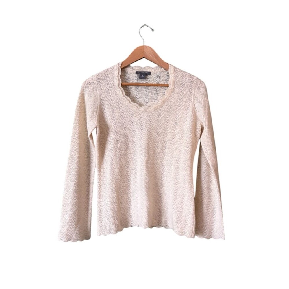 Ann Taylor Cashmere Pointelle Scalloped Knit Sweater Beige Ivory Sz M